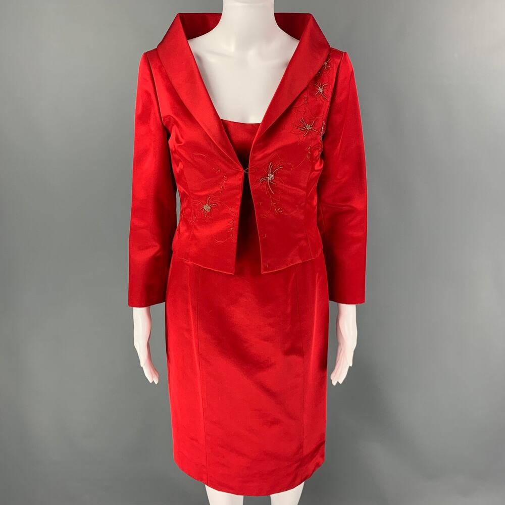 RICHARD TYLER Couture Size 8 Red Silk Rayon Beaded Knee-Length 2 Piece Set
